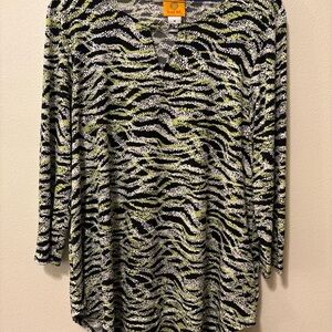 Ruby Rd. Black and Green Animal Print Long Sleeve Top